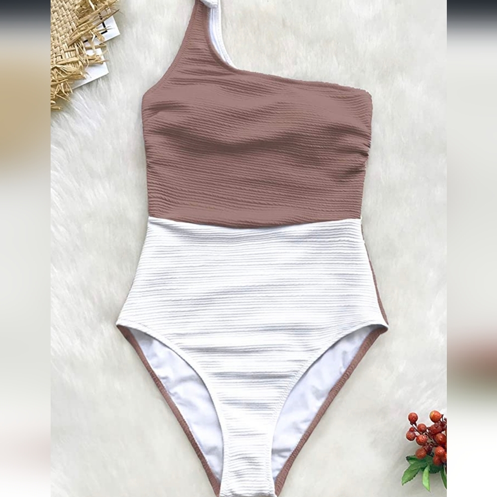 New! CUPSHE Women's One Piece Swimsuit Color Block One Shoulder Bowknot Bathing